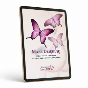 E-book „Małe Dziękuję” na tablecie w złotej ramce na białym tle