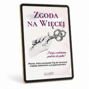 E-book „Zgoda na więcej” na tablecie ze złotą ramką na białym tle